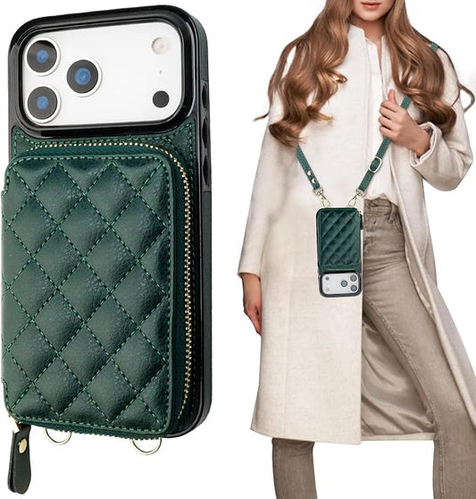 Bocasal Crossbody Wallet Case for iPhone 17 Pro Max, RFID Blocking PU Leather Zipper Handbag Purse Flip Cover, Kickstand Folio Case with Card Slots Holder Wrist Strap Lanyard 5G 6.9 Inch (Dark Green)