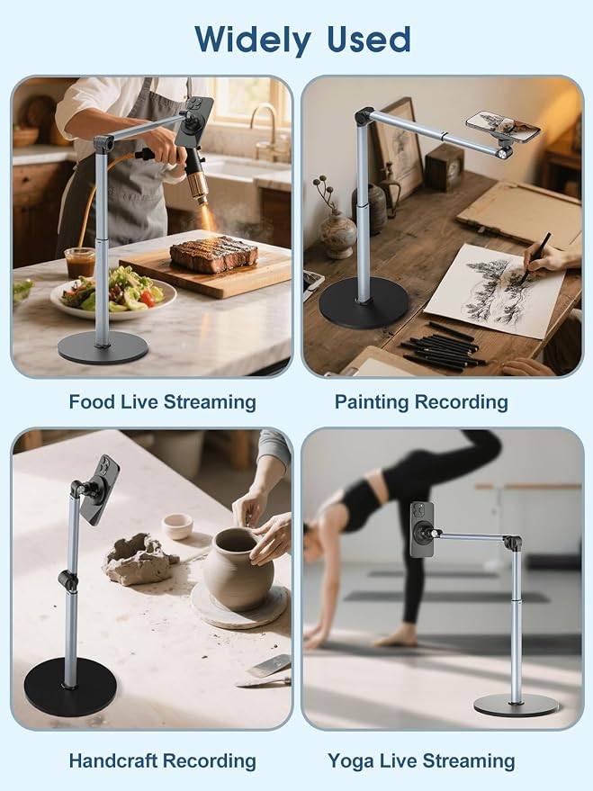 Heavy Duty Aluminum Overhead Phone Stand for Recording, Adjustable iPhone Tripod for Overhead Shots, Sturdy Stand for Cooking, Filming, Painting, with Extension Rods & Clip – Perfect for Creators(Mix)