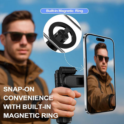 4-in-1 Multifunctional 360° Rotation Magnetic Selfie Stick, Mini Portable Extendable Phone Tripod with Remote and Metal Ring for iPhone & Android, for Travel Vlog Live Streaming (Black)