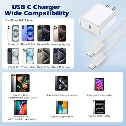 10FT iPhone 16 Charger Fast Charging,Apple Fast Charger 2Pack USB C Charger Block PD Type C Wall Adapter with 10Foot USB C to USB C Braid Woven Cable Charging for iPhone 16/16 Pro/16 Pro Max/15/iPad
