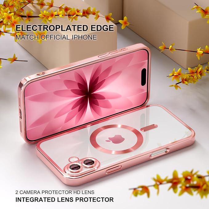 Misea Magnetic for iPhone 17 Case Compatible with MagSafe [Never Yellowing] [Military Grade Drop Protection] Full Camera Lens Protector Plating Soft Clear Phone Case for Women, Pink