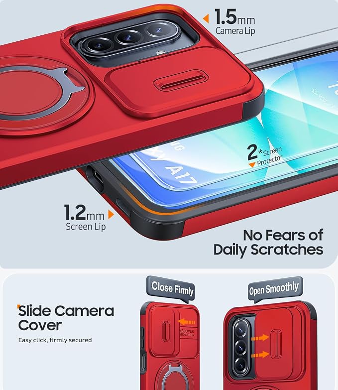 JAME for Samsung Galaxy A17/A16 5G Case, Ring Holder Stand, Slide Camera Cover, 2 Pack Screen Protectors, Dual-Layer Shockproof Protective, Magnetic Accessory Friendly Galaxy A16/A17 4G Case, Red