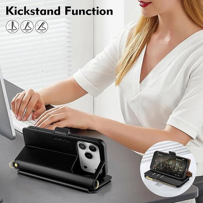 Antsturdy Compatible with iPhone 17 Pro Wallet Case for Women【RFID Blocking】 Crossbody Phone Case PU Leather Zipper with Wrist Strap Flip Folio Cover Credit Card Holder for Apple 17 Pro 6.3",Black