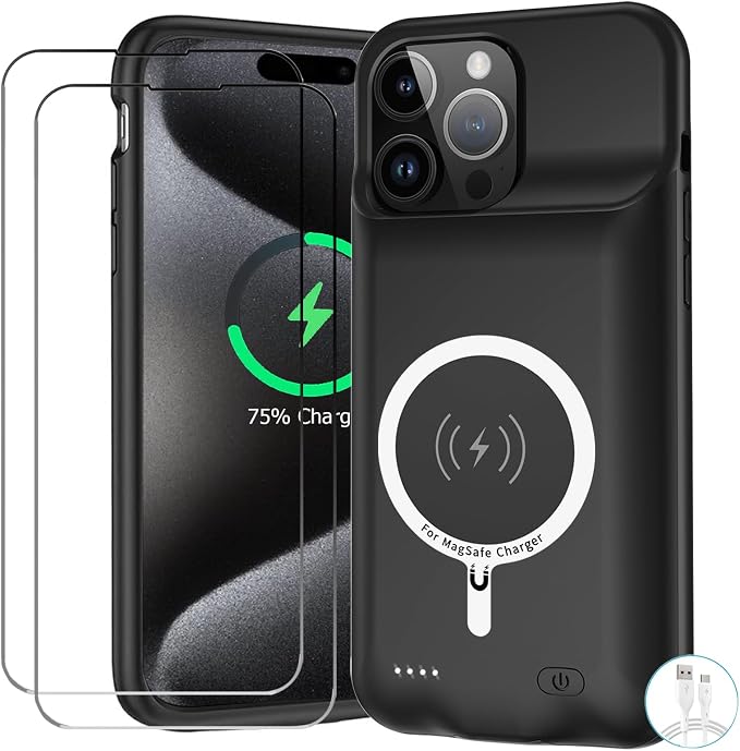 Battery Case for iPhone 15 Pro, Upgraded 10000mAh Battery Pack Rechargeable Charger Case with Carplay Wireless Charging Compatible for iPhone 15 Pro(6.1 inch) External Battery Charging Cover(Black)