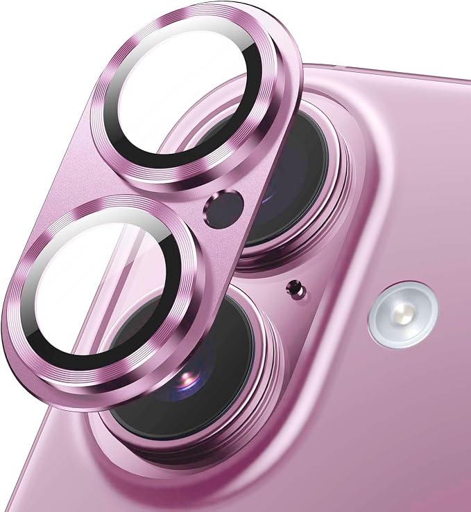 Korecase Camera Lens Protector for iPhone 16 & iPhone 16 Plus & iPhone17 Metal Tempered Glass Camera Film Cover, Strong Adhesion, 9H Hardness Anti-Scratch Rear Camera Lens Cover -Pink