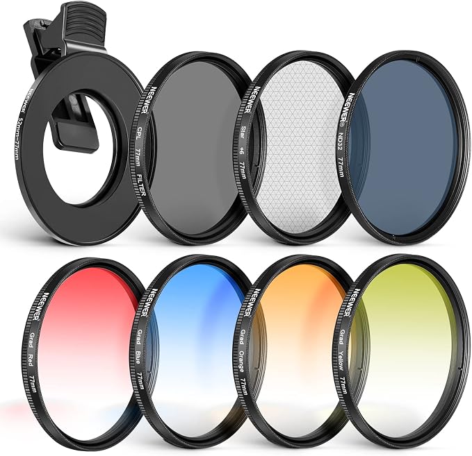 NEEWER 77mm Lens Filter Kit with Phone Lens Clip, CPL + ND32 + Star + 4 Graduated Color Filter Compatible with iPhone 17 16 16e 15 14 Pro Max Canon Nikon Sony Camera