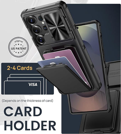 SSLOTSCASE for Samsung Galaxy S25 Ultra Case with 2X Screen Protector, HD Clarity Anti-Scratch, Card Holder & Kickstand & Slide Camera Lens Cover, Rugged Shockproof Phone Cover for S25 Ultra, Black