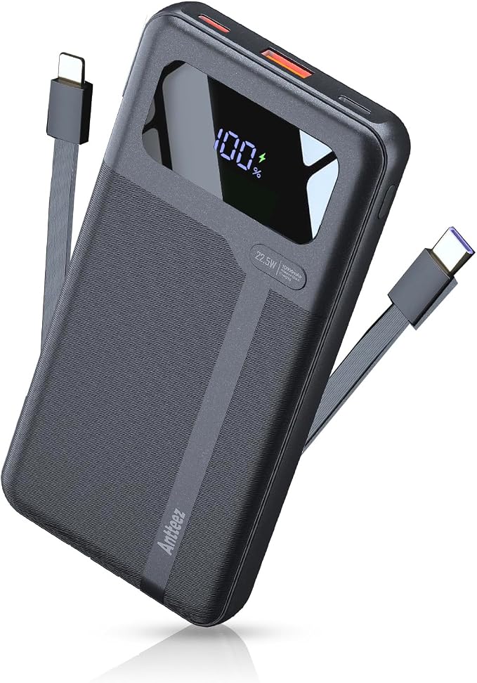 Antteez Portable Charger 10,000mAh, Power Bank Fast Charging with Built-in Cables, 22.5W USB C Travel Battery Pack, LED Display & 4 Outputs, Compatible with iPhone, Samsung, iPad