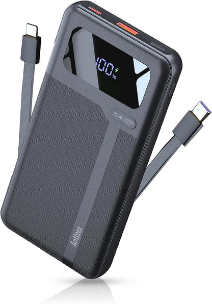 Antteez Portable Charger 10,000mAh, Power Bank Fast Charging with Built-in Cables, 22.5W USB C Travel Battery Pack, LED Display & 4 Outputs, Compatible with iPhone, Samsung, iPad