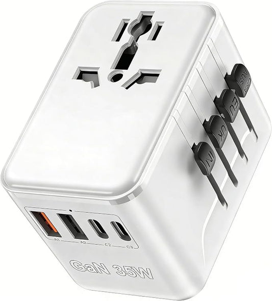 Universal Power Adapter Travel - European Travel Plug Adapter with 3 USB-C PD Fast Charging & 2 USB-A, 1 AC, Worldwide Travel Essentials, International Plug Adapter for UK/US/AU/ID, White