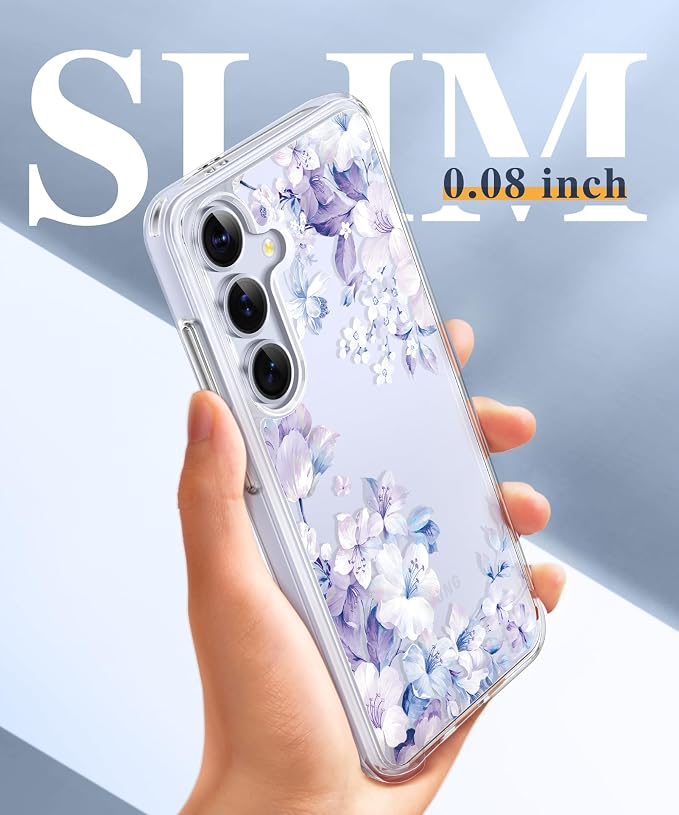 GVIEWIN for Samsung Galaxy S25 Plus Case, Clear Floral Slim Shockproof Protective Women Phone Case, Non-Yellowing, with Screen Protector & Camera Lens Protector for S25 Plus 6.7", Foliolosa/Blue