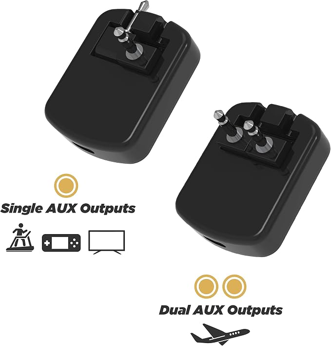 Scosche FlyTunes Airplane Bluetooth Transmitter with Dual & Single AUX for In-Flight Entertainment, TVs & Gym, Wireless Audio Adapter for AirPods, Connects 2 Bluetooth Headphones with 8Hr Battery Life