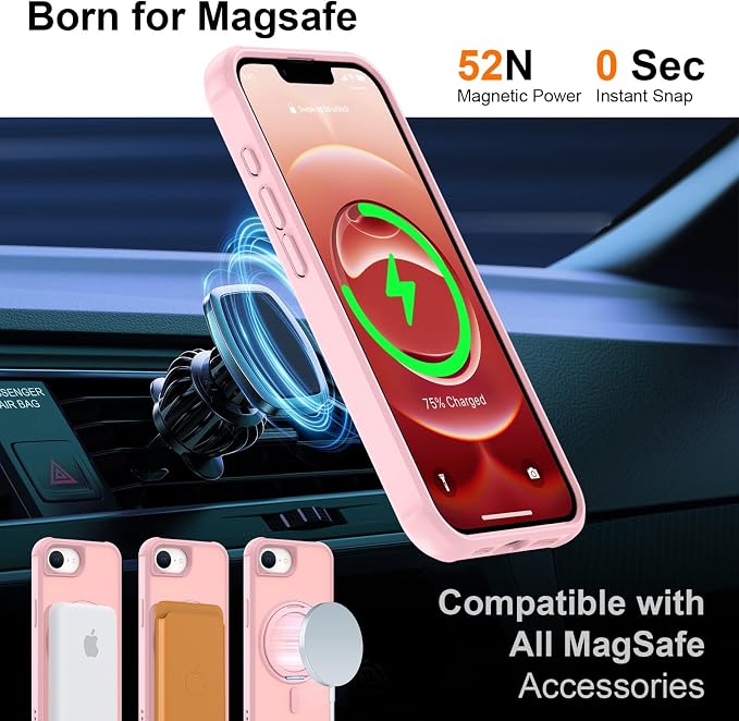 360° Magnetic Swivel Ring for iPhone 16E & 17E Case, Built-in Metal Stand and Ring Holder, Magsafe Compatible, Military Grade Protection, Shock and Vibration Resistant - Pink