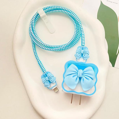 Cute Blue Bow 5 in 1 DIY Charger Case, Gradient Wave Soft TPU Protective Cover for Apple 18W/20W USB-C Adapter, Charging Cable Protector for iPhone & MacBook Neo 13" A18 Pro A3404