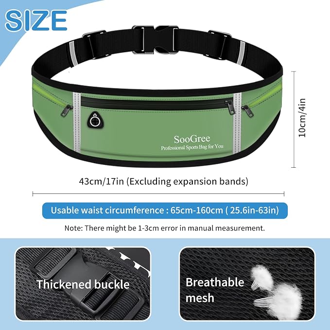 SooGree Slim Running Belt Sport Fanny Pack for Women Men,Reflective Waist Pack Runner Pouch Belt, Zipper Waterproof Running Phone Holder Jogging Pouch for Phone Money (GSP8806 Green)