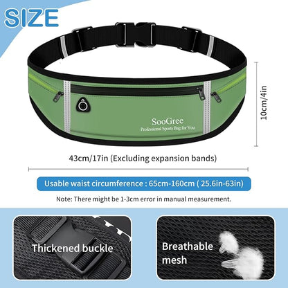 SooGree Slim Running Belt Sport Fanny Pack for Women Men,Reflective Waist Pack Runner Pouch Belt, Zipper Waterproof Running Phone Holder Jogging Pouch for Phone Money (GSP8806 Green)