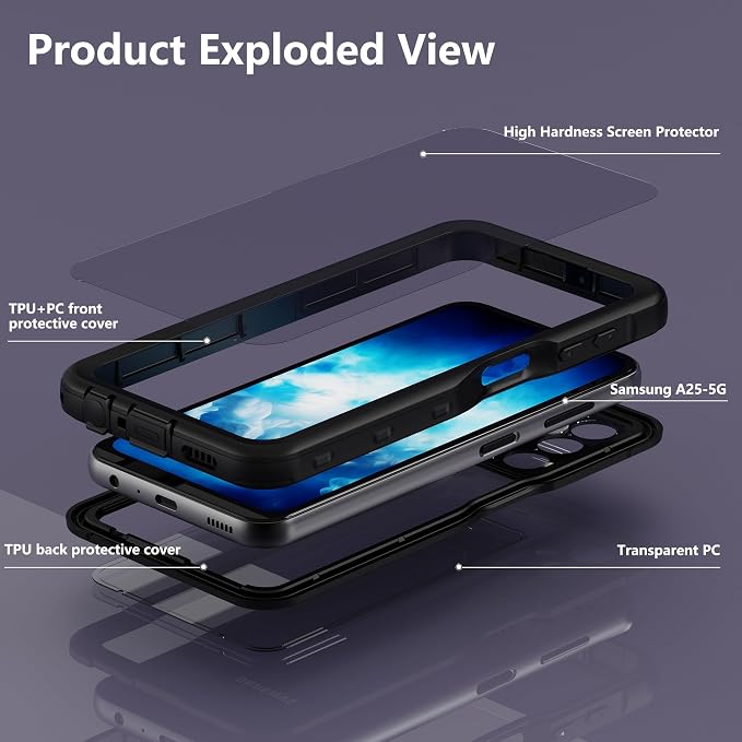 Omio for Galaxy A25 5G Waterproof Case, Full Body IP68 Underwater Clear Protective Case Built-in Screen Protector Heavy Duty Shockproof Case for Men Women, Black