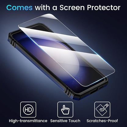 Caka for Samsung Galaxy S24 FE Case [HD Screen Protector] [Full Camera Lens Cover] [360°Rotated Kickstand Ring] [Heavy Duty Protection] Hard Rugged Protective Phone Cover for S24 FE - Blue