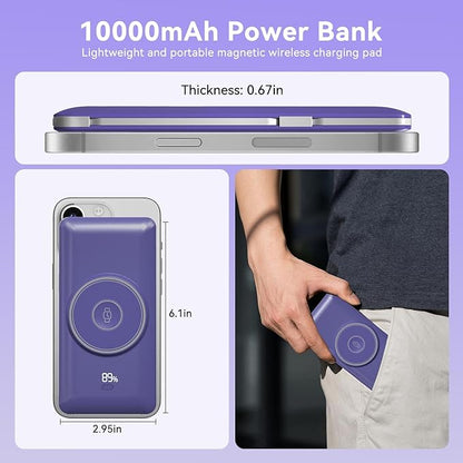 Magnetic 10000mAh Portable Charger for iWatch & iPhone, PD Fast Charging Wireless Power Bank Built-in Cables and Wall Plug, External Travel Battery Pack Compatible with iOS Android Phones