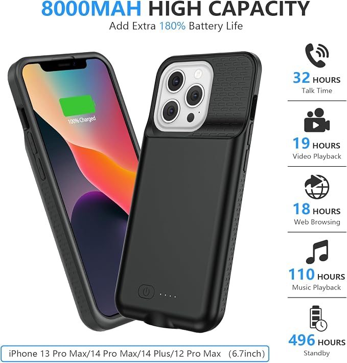 Battery Case for iPhone 13 Pro Max/14 Pro Max/14 Plus【Support Carplay 】Powerful 8000mAh Portable Rechargeable Protective Extended Charger Cover for iPhone 13 pro max，14 pro max Charging case,Black