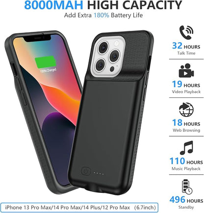 Battery Case for iPhone 13 Pro Max/14 Pro Max/14 Plus【Support Carplay 】Powerful 8000mAh Portable Rechargeable Protective Extended Charger Cover for iPhone 13 pro max，14 pro max Charging case,Black