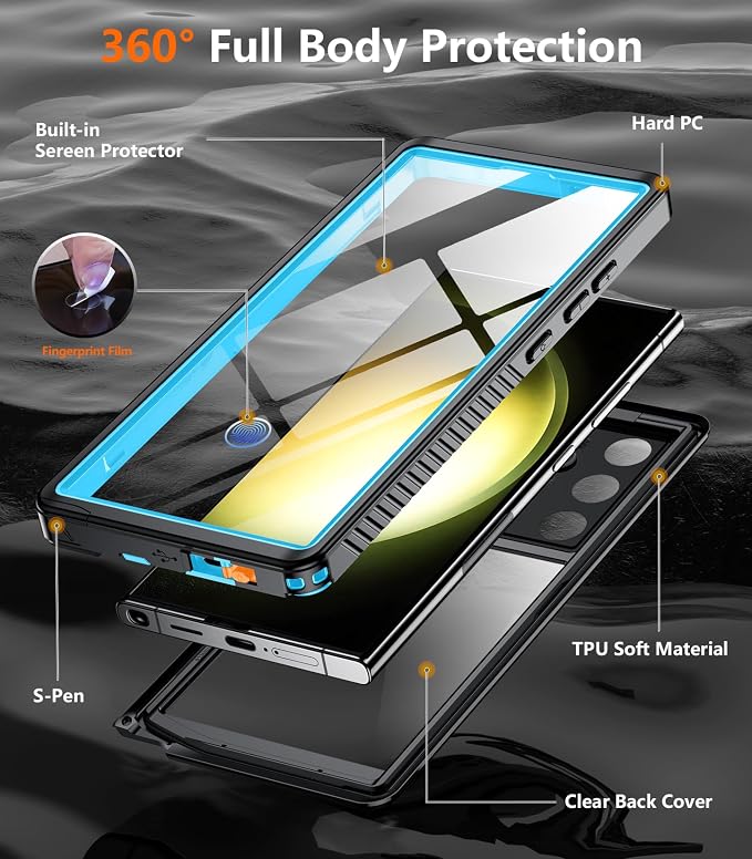 Temdan for Samsung Galaxy S23 Ultra Case Waterproof with Built-in Screen Protector 360 Full Body Shockproof Dustproof for Samsung S23 Ultra 5G Phone Case Heavy Duty Protective Blue