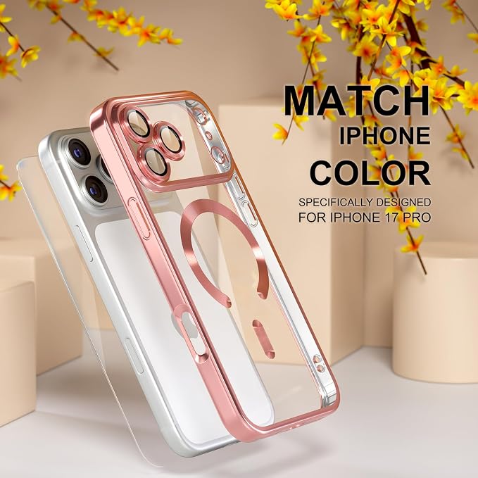 Misea Magnetic for iPhone 17 Pro Case Compatible with MagSafe [Never Yellowing] [Military Grade Drop Protection] Full Camera Lens Protector Plating Soft Clear Phone Case for Women, Pink