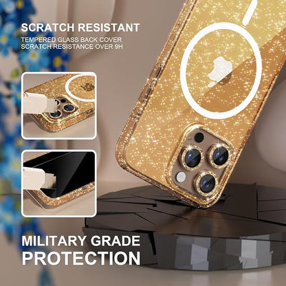 Choiche for iPhone 16 Pro Case Magnetic, Women Clear Glitter Bling Sparkly Case, [3xDiamond Camera Lens Protectors] [2xTempered Glass Screen Protectors] [Compatible MagSafe] 6.3"(Glitter Gold)