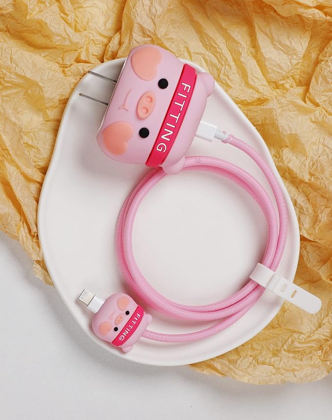 3D Cute Cartoon Charger Protector Case - Compatible for Apple 20W USB-C Power Adapter and Lightning Cable (Pink Pig)