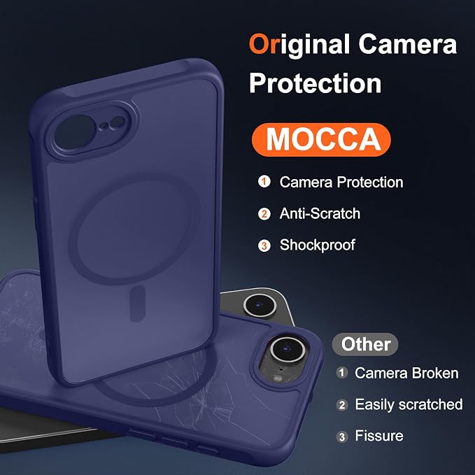 MOCCA Strong Magnetic for iPhone 17e Case/iPhone 16e Case [Compatible with Magsafe] [Full Camera Protection] Slim Translucent Matte Shockproof Phone Case for iPhone 17e / 16e 6.1", Deep Blue