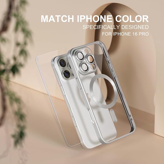 Misea Magnetic for iPhone 16 Pro Case Compatible with MagSafe [Never Yellowing] [Military Grade Drop Protection] Full Camera Lens Protector Plating Soft Clear Phone Case for Women, Titanium Silver