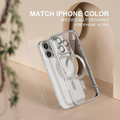 Misea Magnetic for iPhone 16 Pro Case Compatible with MagSafe [Never Yellowing] [Military Grade Drop Protection] Full Camera Lens Protector Plating Soft Clear Phone Case for Women, Titanium Silver