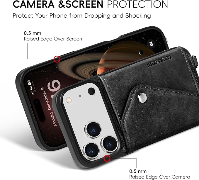 LUCKYCOIN for iPhone 17 Pro Crossbody Wallet Case – Genuine Leather Phone Purse with Adjustable Strap and Card Holder,Lanyard Phone Purse Case for Women,Vintage Black