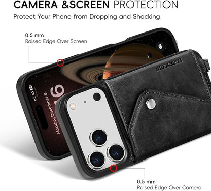 LUCKYCOIN for iPhone 17 Pro Crossbody Wallet Case – Genuine Leather Phone Purse with Adjustable Strap and Card Holder,Lanyard Phone Purse Case for Women,Vintage Black