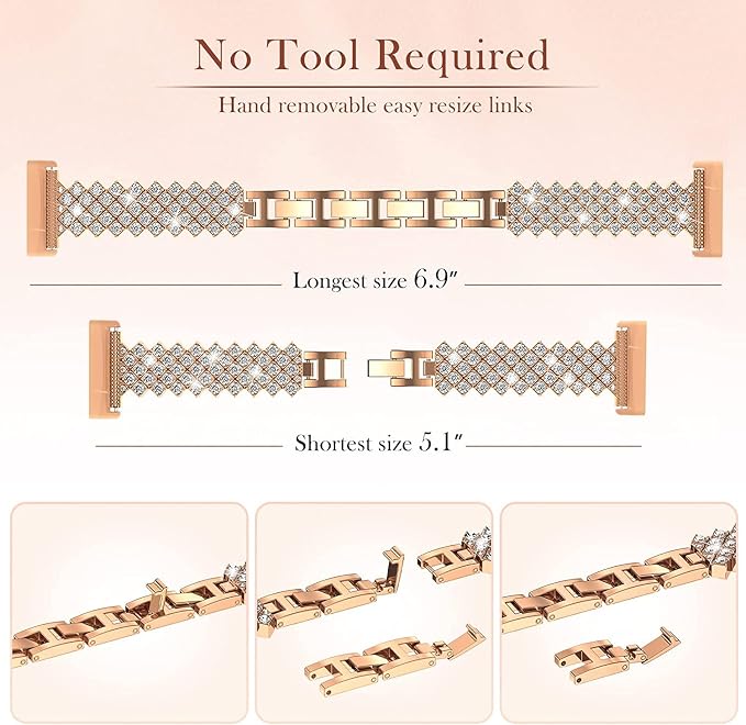 Bling Watch Band Compatible with Fitbit Versa 3/Sense for Women, Adjustable Crystal Alloy Strap Rhinestone Stainless Steel Metal Wristband Replacement (Rose Gold)