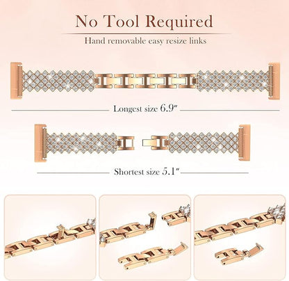 Bling Watch Band Compatible with Fitbit Versa 4/ Fitbit Sense 2 for Women, Adjustable Crystal Alloy Strap Rhinestone Stainless Steel Metal Wristband Replacement for Fitbit Sense2/Versa 4(Rose Gold)