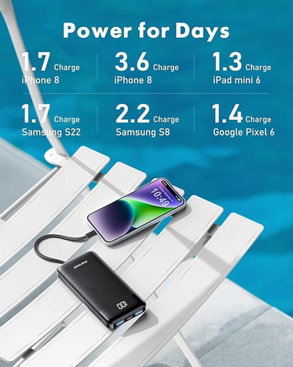 charmast 2 Pack 10000mAh Portable Charger, Power Bank with Built-in 4 Cables, 6 Outputs & 3 Inputs, Battery Pack with Digital Display, Travel Essential for iPhone All Series & Android, Family Sharing