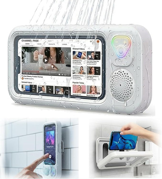 Shower Phone Holder Waterproof with Speaker and Key Control, Wall-Mounted Water Proof Anti Fog Case, Built-In Wireless Speaker, 360° Rotatable, Extendable and Adjustable, Waterproof Screen Touch,White