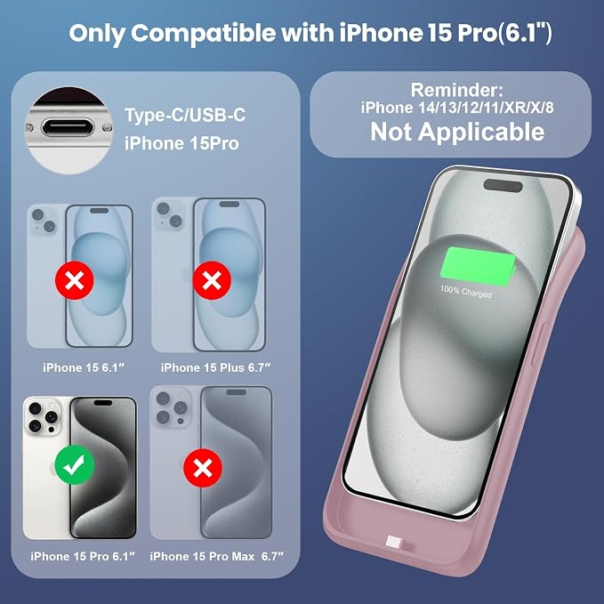 Feob Battery Case for iPhone 15Pro (6.1Inch), Real 7500mAh Ultra Slim Portable & 15W Fast Charging, Rechargeable Protective Extended Charger Case Cover Only for iPhone 15Pro Charging Case-Pink