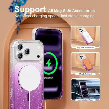 Choiche Magnetic for iPhone 17 Pro Max Case Compatible with MagSafe, Women Cute Glitter Sparkly Phone Case with Diamond Camera Lens Protectors, Military-Grade Drop Protection 6.9" (Clear/Purple)