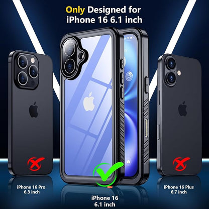 SPIDERCASE for iPhone 16 Waterproof Case, Built-in Screen Protector,12FT Military Grade Shockproof, IP68 Underwater Full Body Sealed Protection with Lanyard for iPhone 16 6.1“, Black