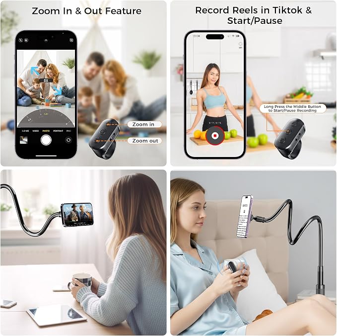 Magnetic Phone Holder for Bed Laying Down with Page Turner, Gooseneck Cell Phone Stand with Reading Clicker, 360°Flexible Long Arm Mount with Wireless Scrolling Ring for Titok iPhone Android.