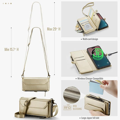 Strapurs Wallet Case Compatible with iPhone 16 6.1" RFID Blocking 7-Card Holder Soft PU Leather Magnetic Snap Shoulder Strap Zipper Pocket Phone Case Fit for iPhone 16 for Women - Gold