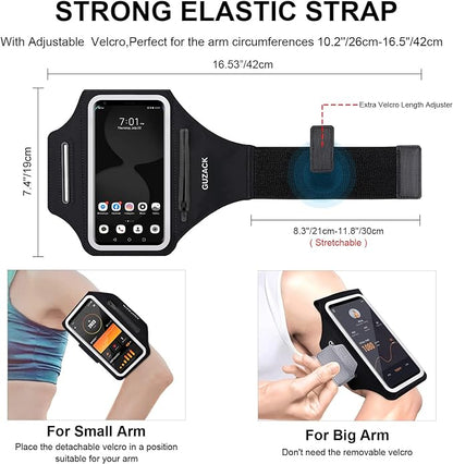 GUZACK Phone Holder for Running with Zipper Pouch, Running Armband for iPhone 17/16/15/14/13/12/11 Pro Max/Plus/XR/XS, Galaxy S25/S24/S23/S22, Cell Phone Arm Holder with Key Pocket & Card Slot