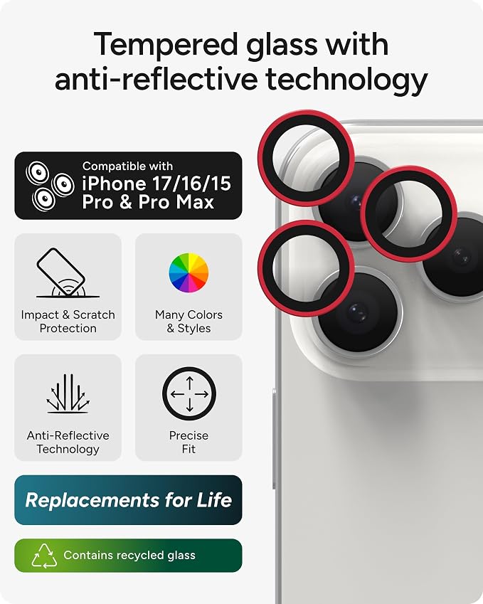 ZAGG iPhone Camera Lens Protector for iPhone 17/16/15 Pro and Pro Max Models - Red, Camera Ring, Maximum Impact & Scratch Protection, Anti-Reflective Technology, Smudge-Resistant, Glass Elite