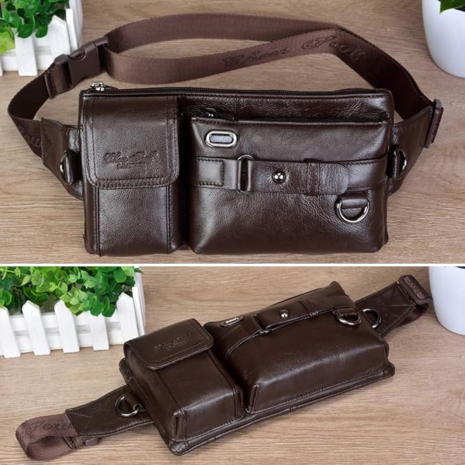 KPYWZER Vintage Leather Waist Bag Fanny Pack for Men Women Hip Bum Belt Slim Cell Phone Purse Casual Waist Wallet Pouch for Outdoors Traveling Casual Running Hiking Cycling Coffee