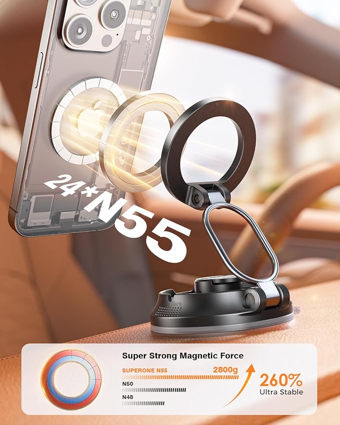SUPERONE Car Phone Holder for Magsafe [78+LBS Strongest Suction & 2800gf Magnetic] 360° Adjustable Magnetic Car Mount, Foldable Cell Phone Holders for Your Car for iPhone 17 16 15 14 13 12 Series