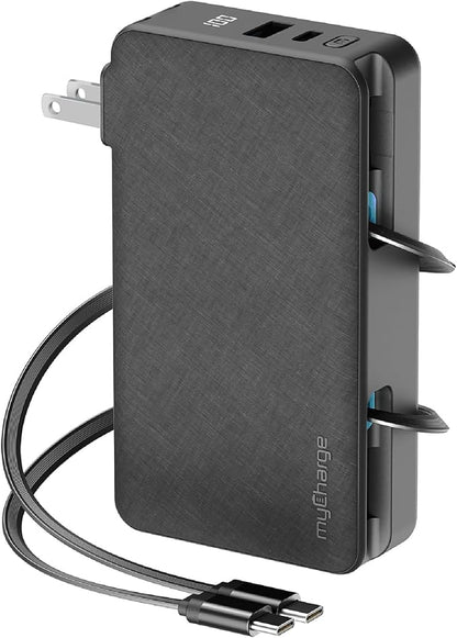 myCharge RetractaCharger 10000mAh Power Bank – 28" Retractable 2 USB-C Cables | Built-in Wall Plug | 30W PD Fast Charging | Digital Battery Display | USB-C/A Ports | Up to 60 Hrs Extra Power | Black