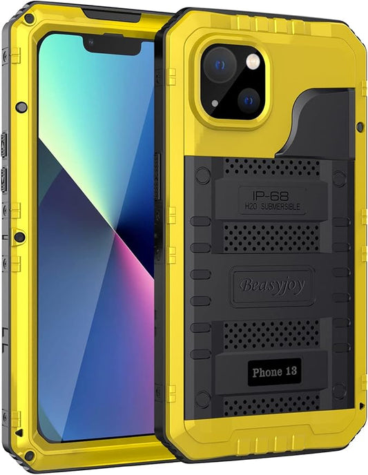 Beasyjoy for iPhone 13 Case Waterproof, Metal Phone Case with Built-in Screen Protector, Heavy Duty Full Body Protective Military Grade Shockproof Rugged Defender Cover 6.1 Inch, Yellow