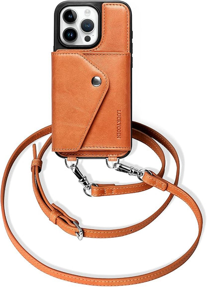 LUCKYCOIN for iPhone 15 Pro Crossbody Wallet Case – Genuine Leather Phone Purse with Adjustable Strap and Card Holder,Lanyard Phone Purse Case for Women,Vintage Brown